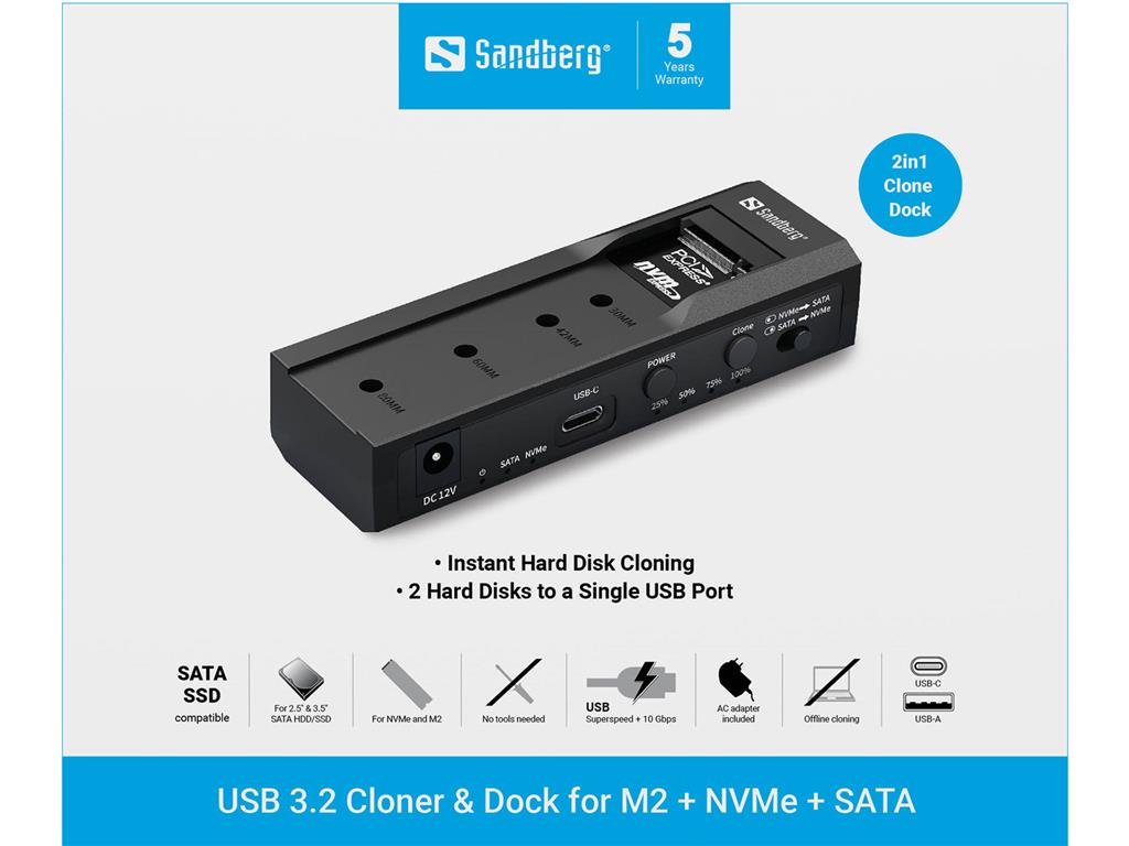 Sandberg USB 3.2 podvajalnik in dok za M2 + NVMe