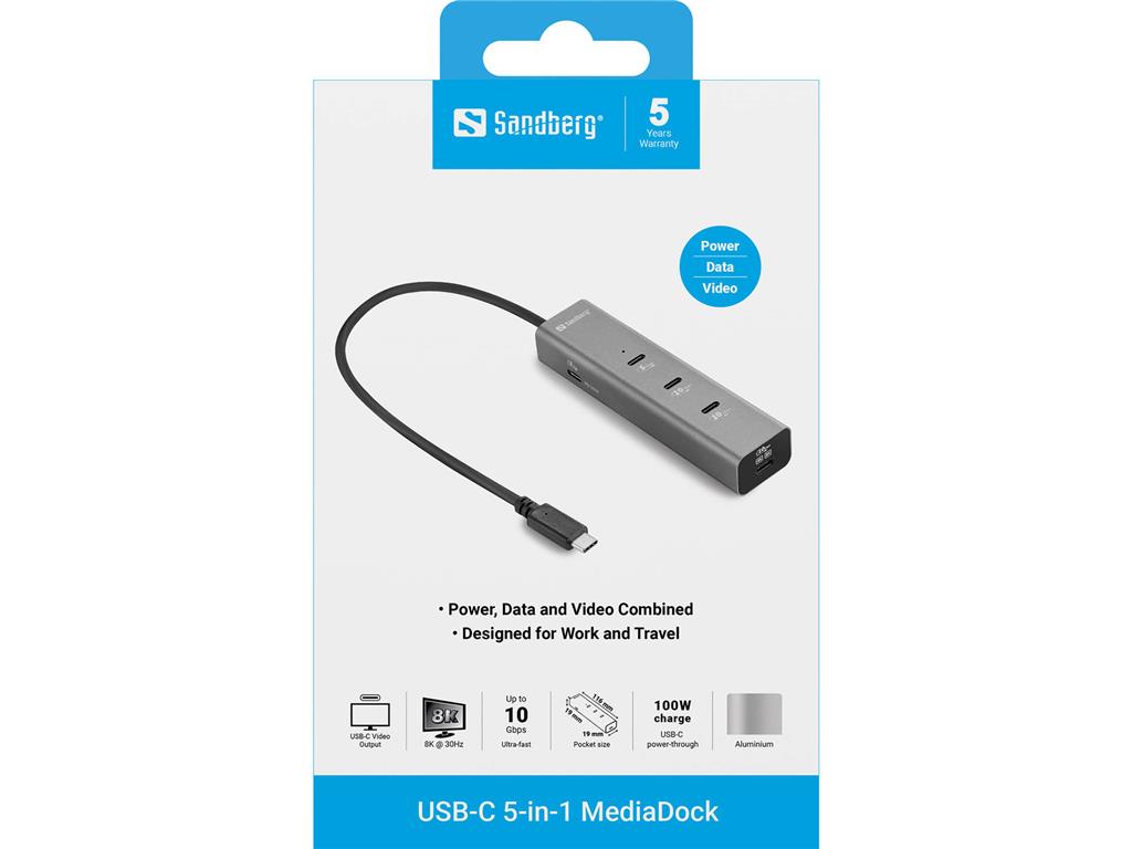 Sandberg USB-C hub razdelilnik 5-v-1 MediaDock