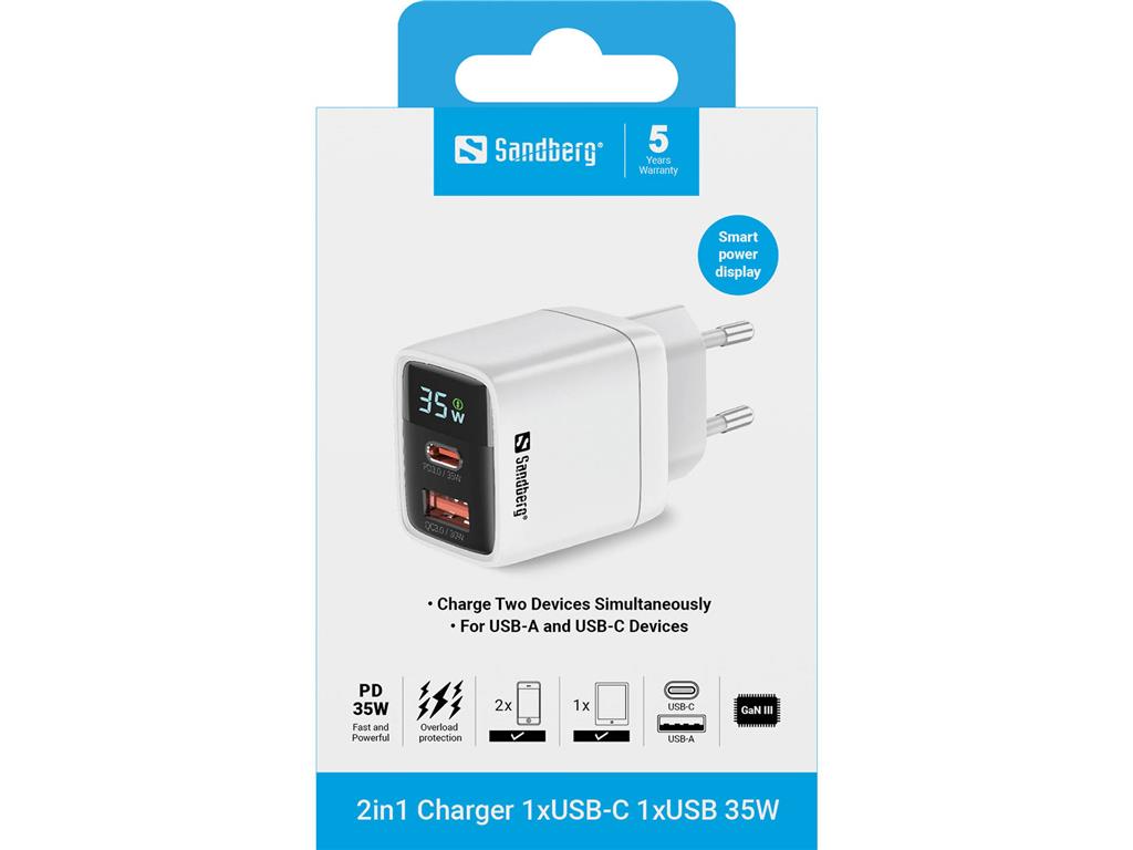 Sandberg 2in1 polnilec 1xusb-c 1xusb 35w