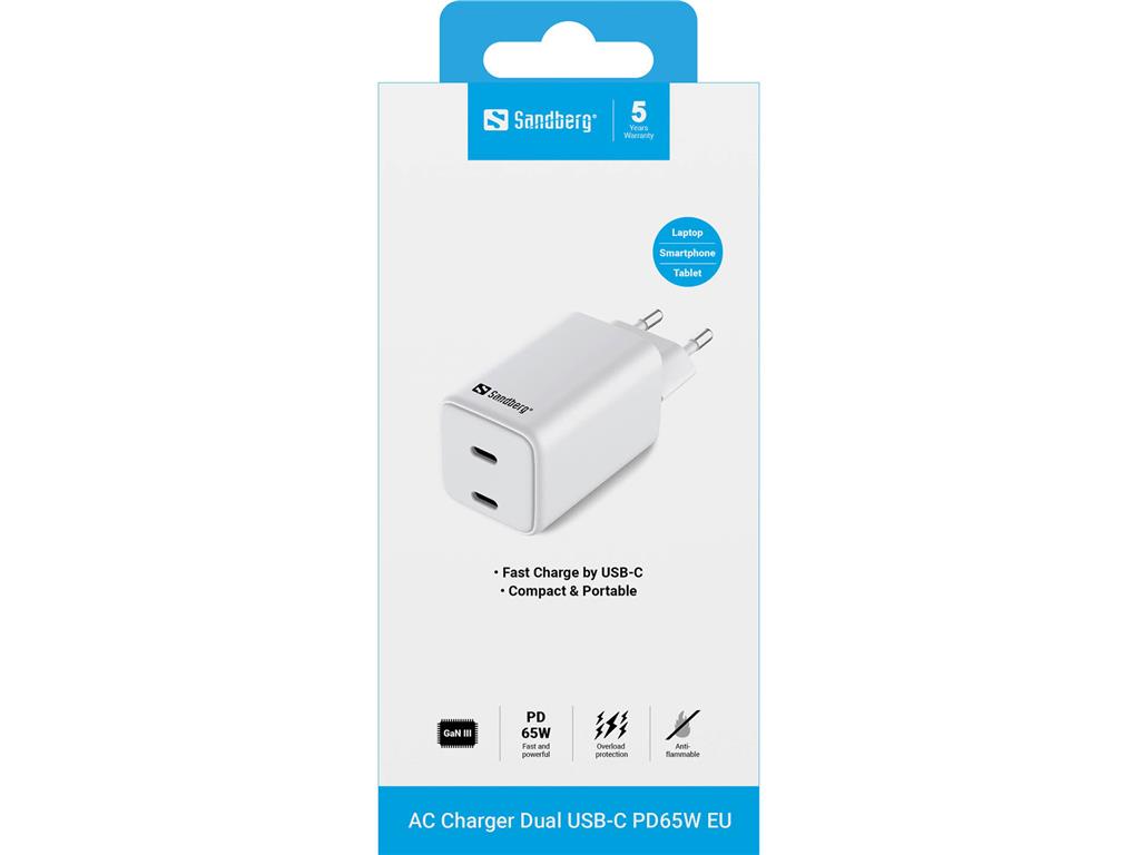 Sandberg AC polnilec dvojni USB-C PD65W EU