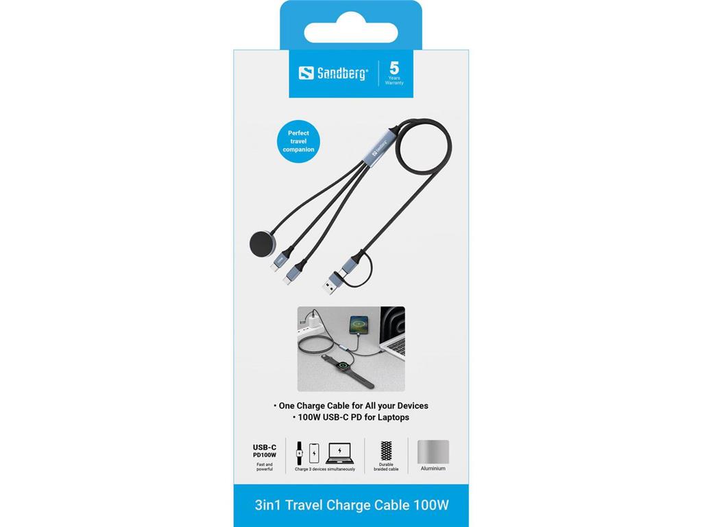 Sandberg 3-v-1 potovalni polnilni kabel 100 W