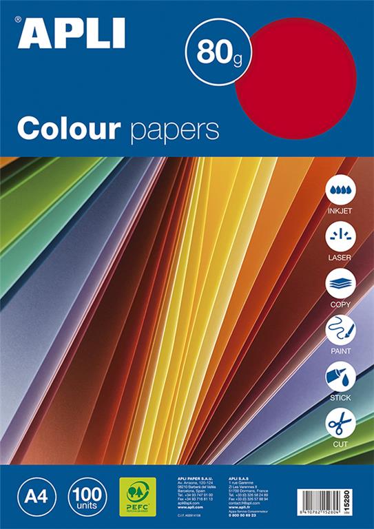 APLI Barvni papirji, fluorescentne barve 100 listov, sortirane barve