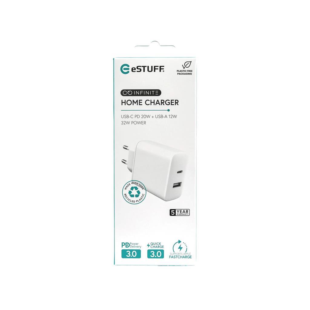 eSTUFF INFINITE polnilnik USB-C 20W, USB-A 12W blister, bel, reciklirana plastika