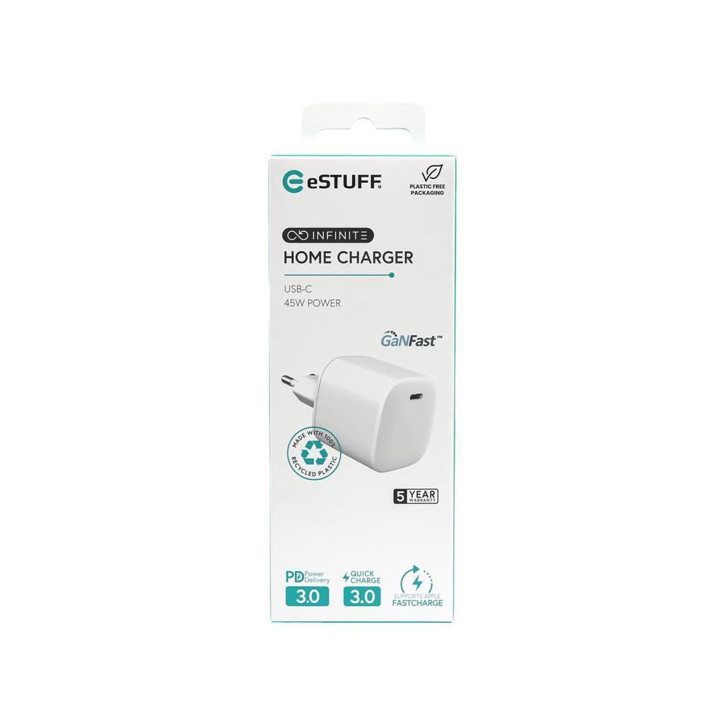 eSTUFF INFINITE polnilnik USB-C 45W GaN blister, bel, reciklirana plastika
