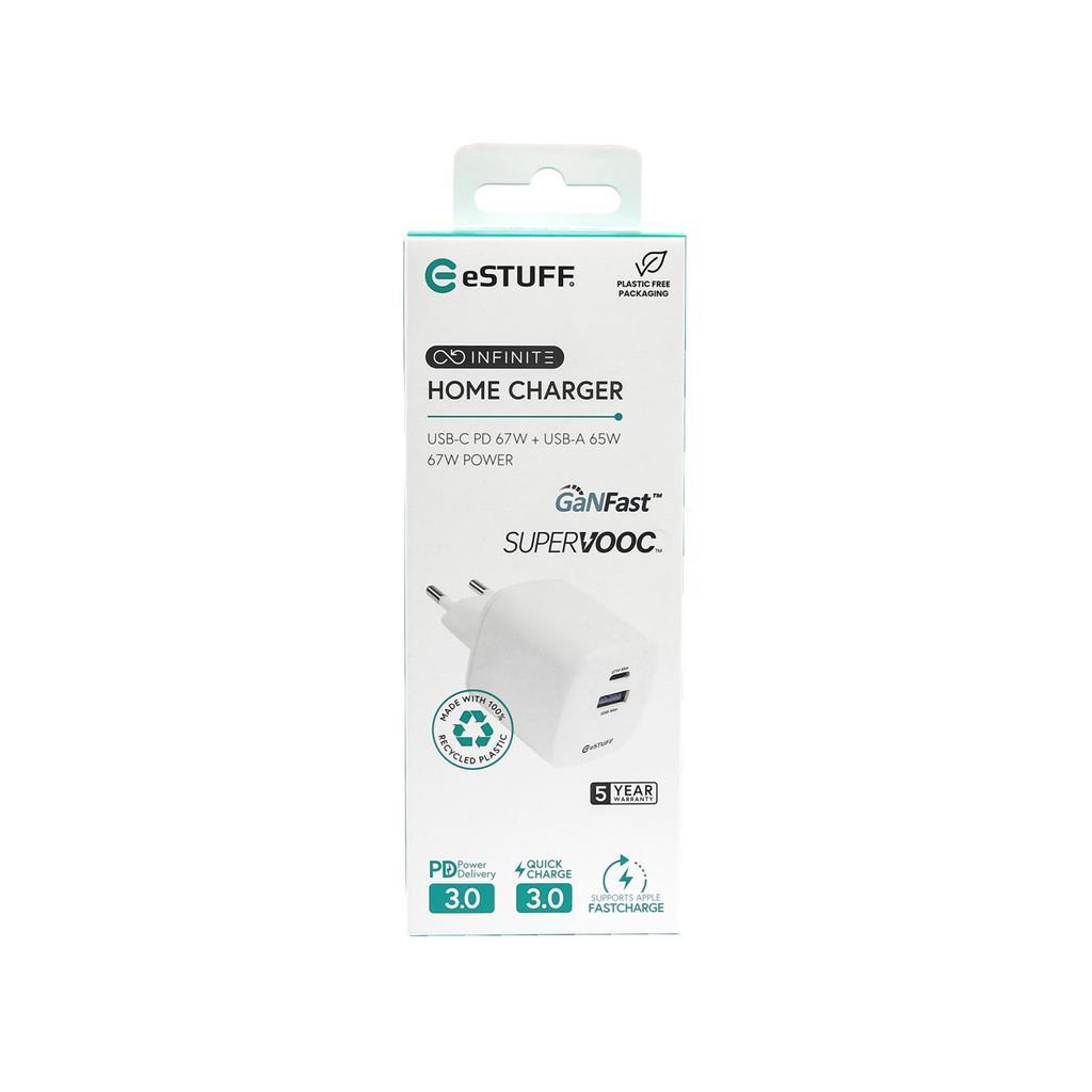 eSTUFF INFINITE polnilnik USB-C, USB-A 67W GaN blister, bel, reciklirana plastika