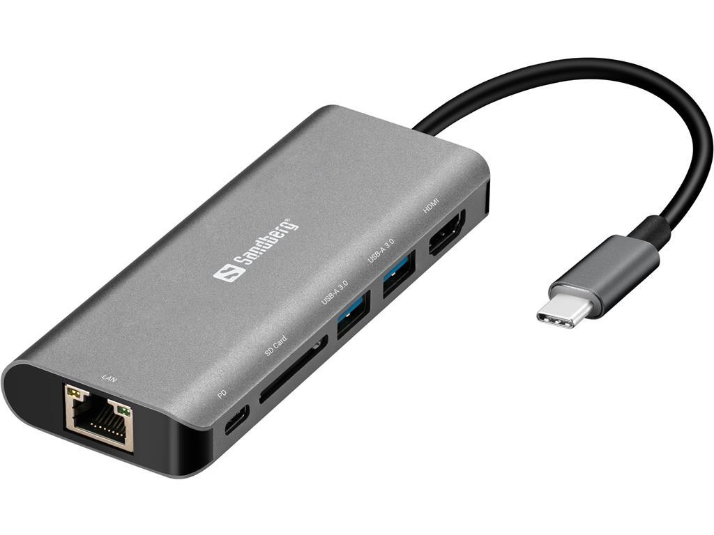 Sandberg USB-C  hub razdelilnik, 6-v-1 100W PD, HDMI, LAN, 2x SD, 2x USB-A