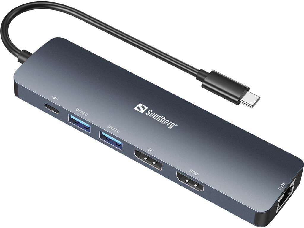 Sandberg USB-C hub razdelilnik 8K, 6-v-1 2x USB-A, 1x HDMI, 1x DP, 1x PD